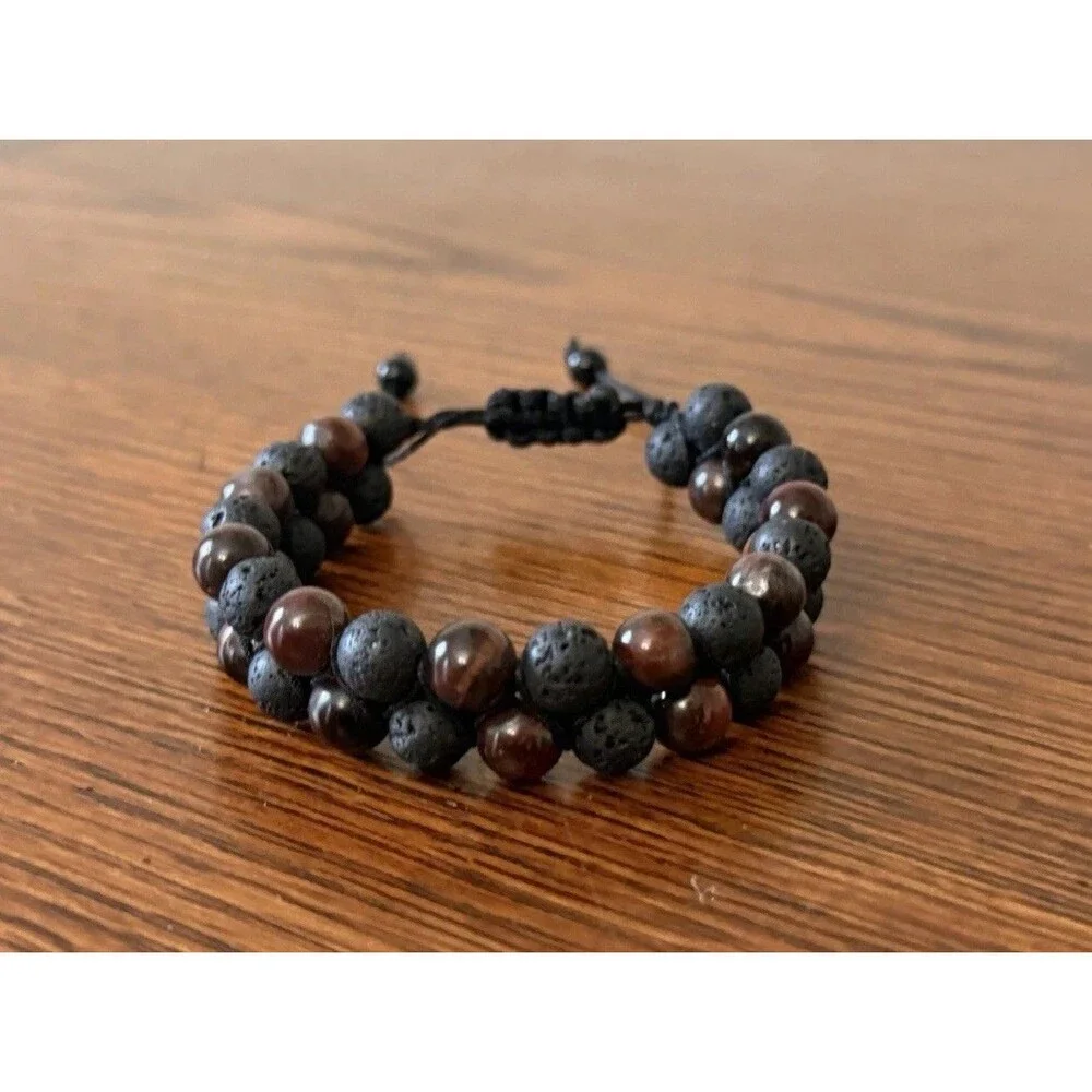 Natural Red Tiger Eye Lava Rock Double Row Braided Bracelet for Men Women